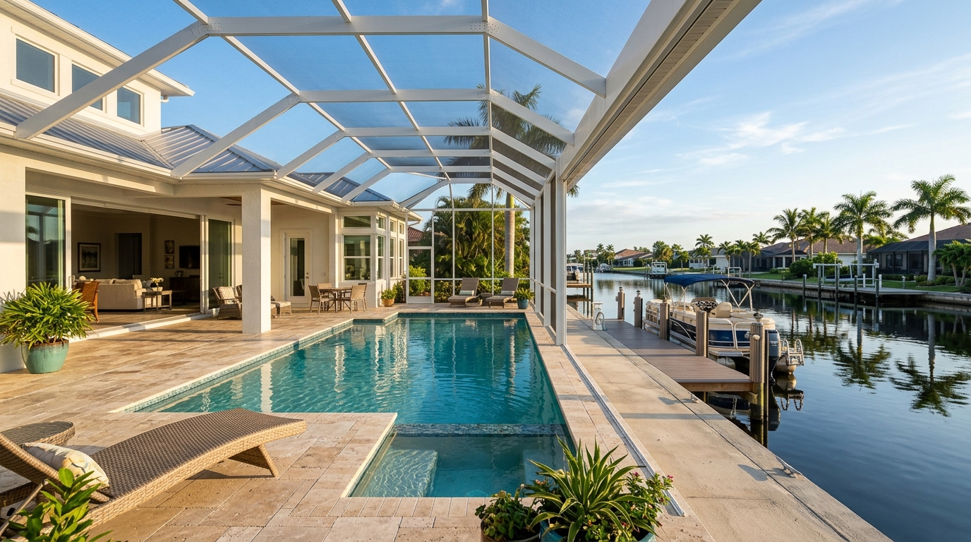 Canal-front pool in Cape Coral with royal palms